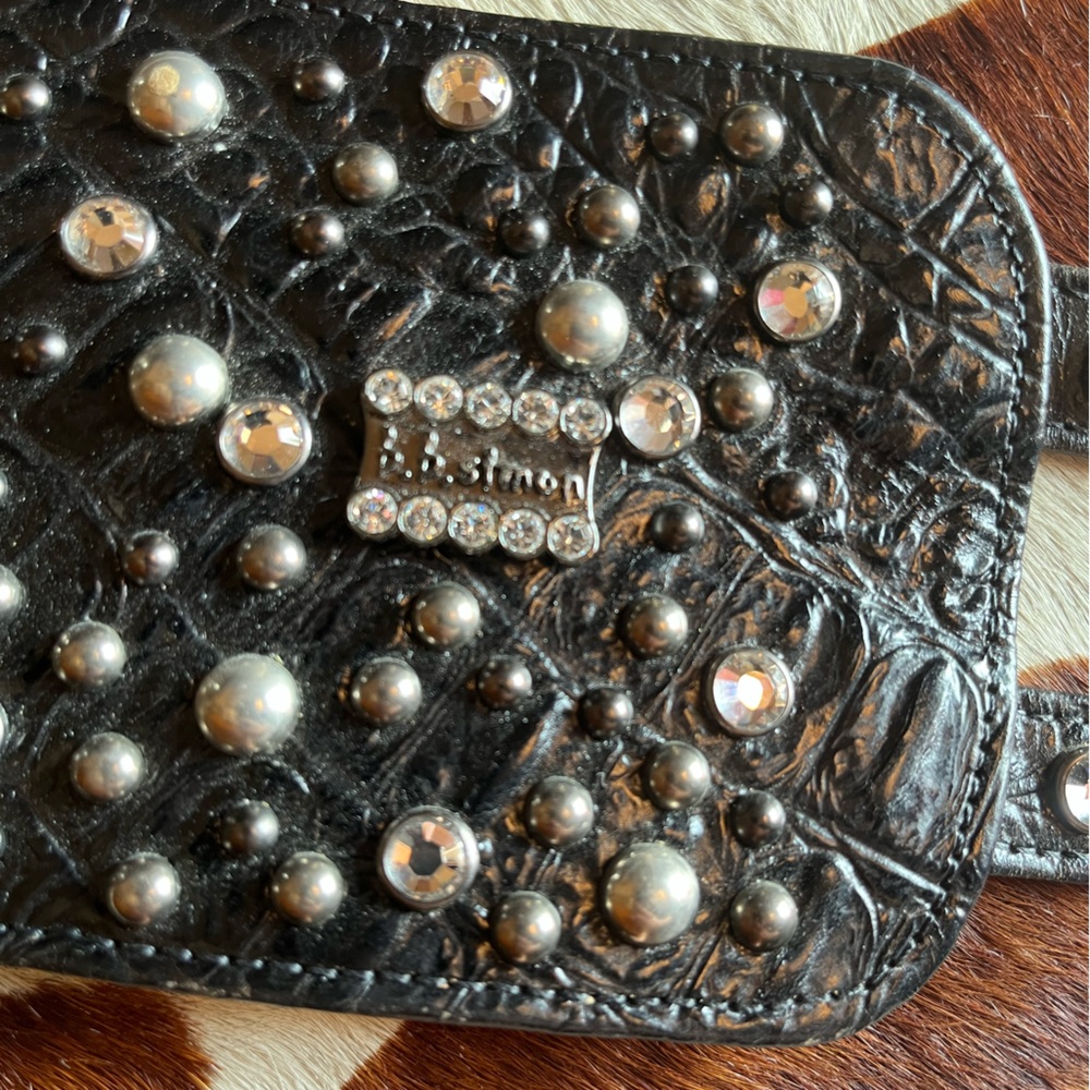 Vintage wide B.B. Simon Black Swarovski harness waist cinch bucket belt - Picture 3 of 13
